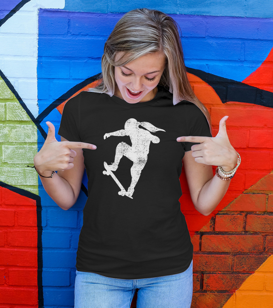 Skater Girl Skateboard Skateboarder Silhouette Riding Skateboard T-Shirt