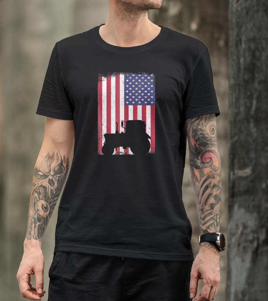 Patriotic American Flag With Vintage Tractor Farming T-Shirt
