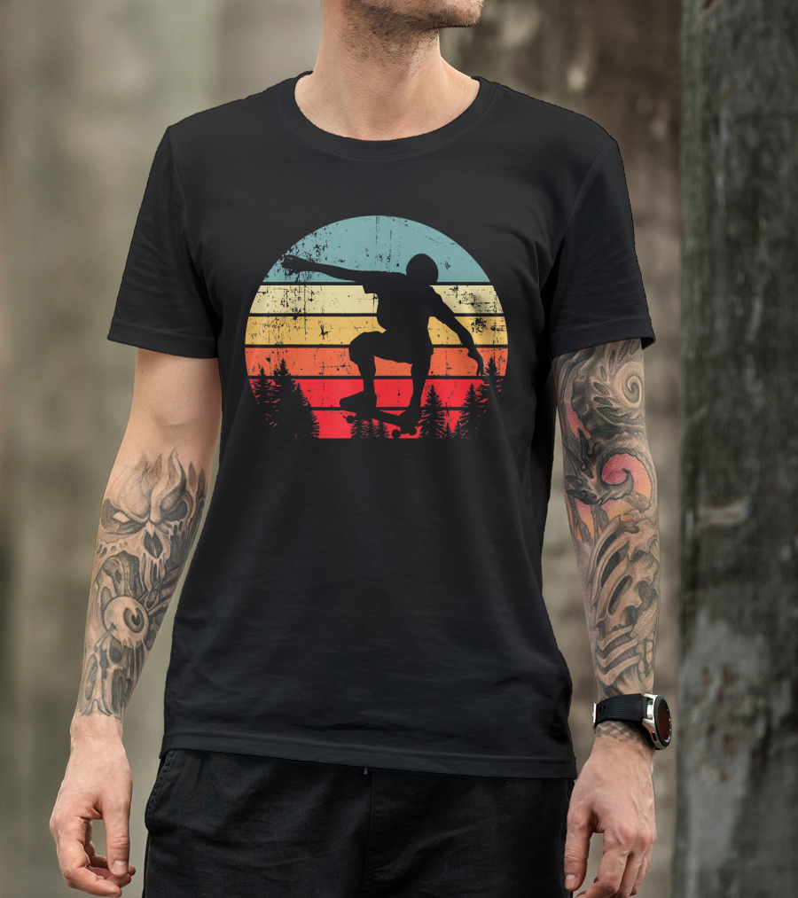 Trick Move Retro Vintage Skateboarder Silhouette Forest Sunset T-Shirt