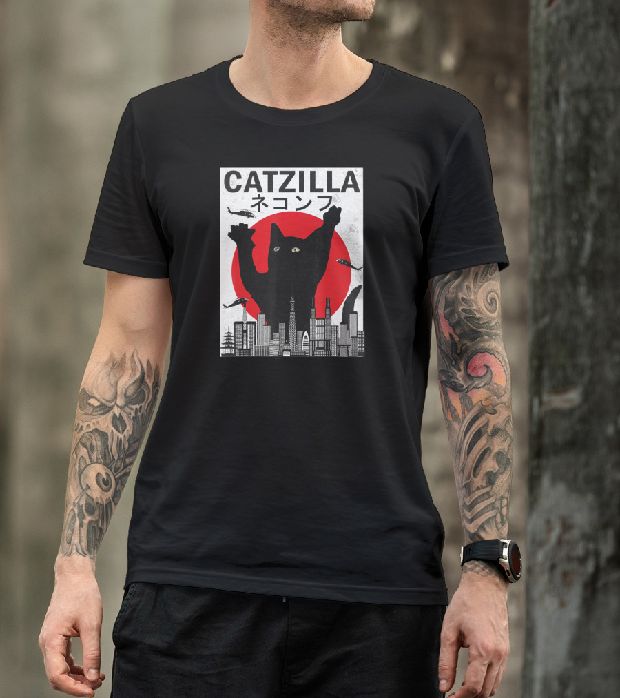 Catzilla Japanese Sunset Style Cat With Helicopter And Skyline Elements T-Shirt