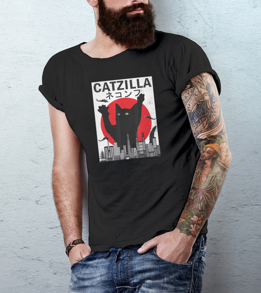 Catzilla Japanese Sunset Style Cat With Helicopter And Skyline Elements T-Shirt
