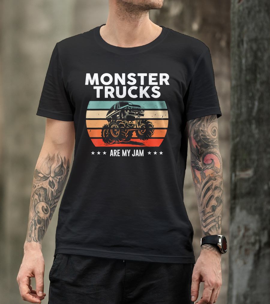 Monster Trucks Are My Jam Retro Sunset Vintage Cool Engines T-Shirt