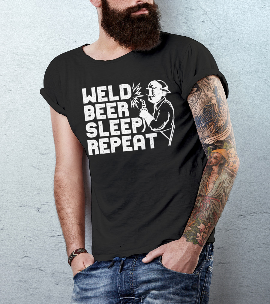 Weld Beer Sleep Repeat Welder Welding Mask Spark T-Shirt