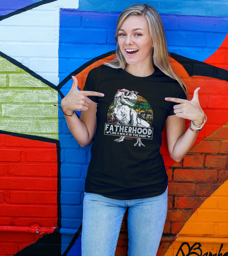 Fatherhood Like A Walk In The Park Funny Dad Dinosaur Retro Sunglasses Palm Trees T-Shirt