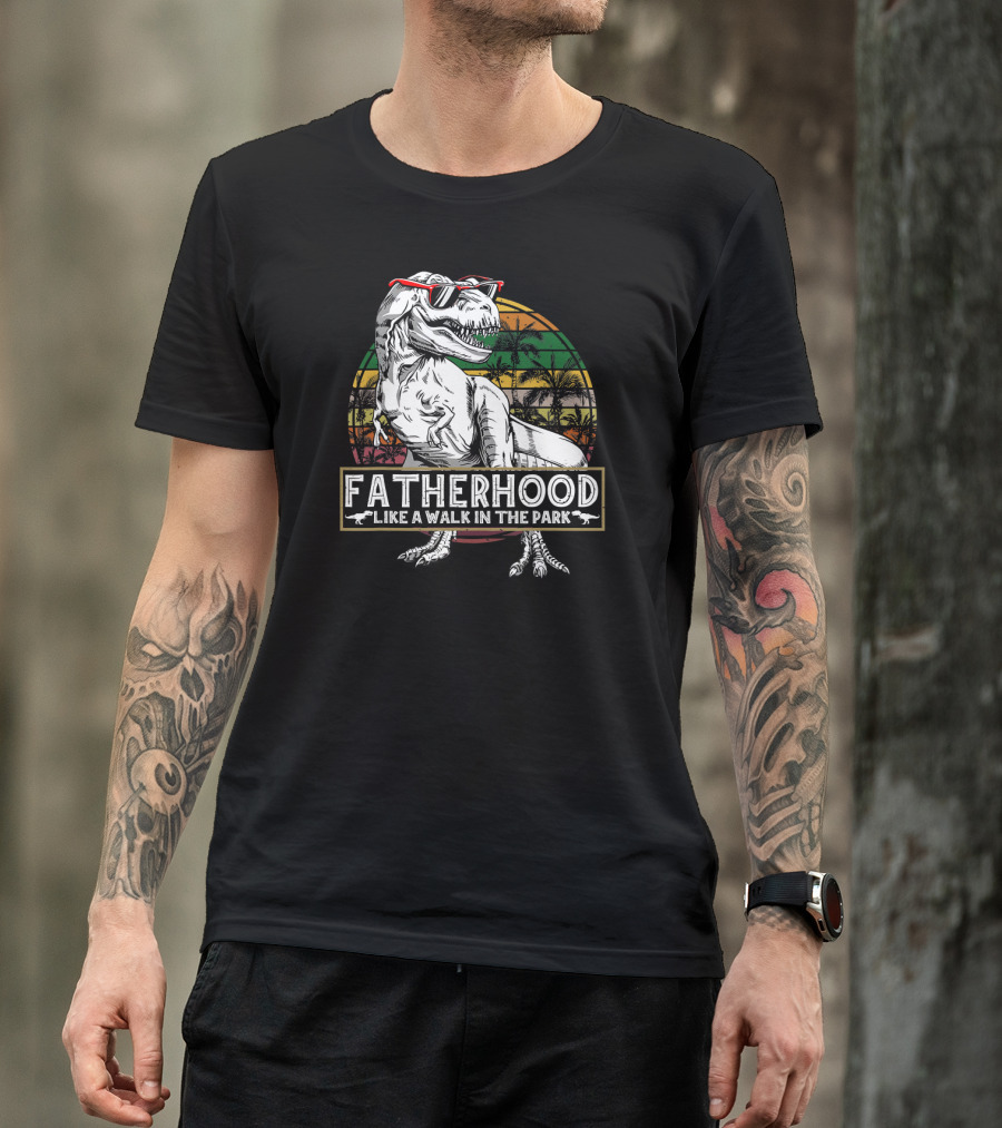 Fatherhood Like A Walk In The Park Funny Dad Dinosaur Retro Sunglasses Palm Trees T-Shirt