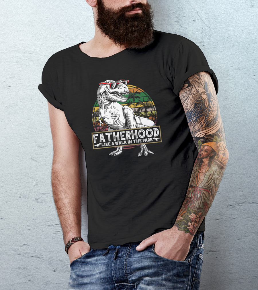 Fatherhood Like A Walk In The Park Funny Dad Dinosaur Retro Sunglasses Palm Trees T-Shirt