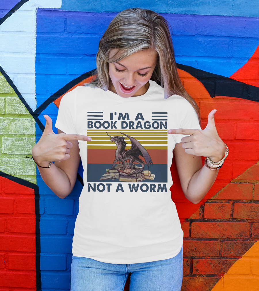 I'm A Book Dragon Not A Worm Fantasy Creature On Stack Of Books T-Shirt