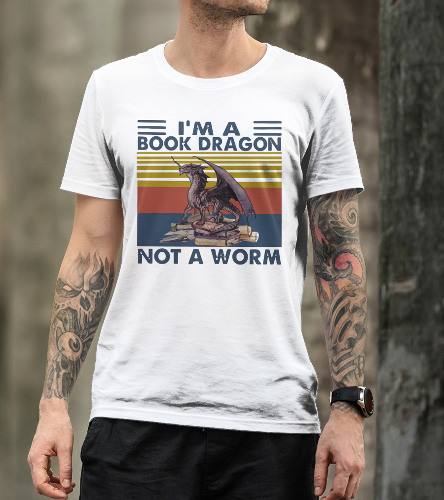 I'm A Book Dragon Not A Worm Fantasy Creature On Stack Of Books T-Shirt