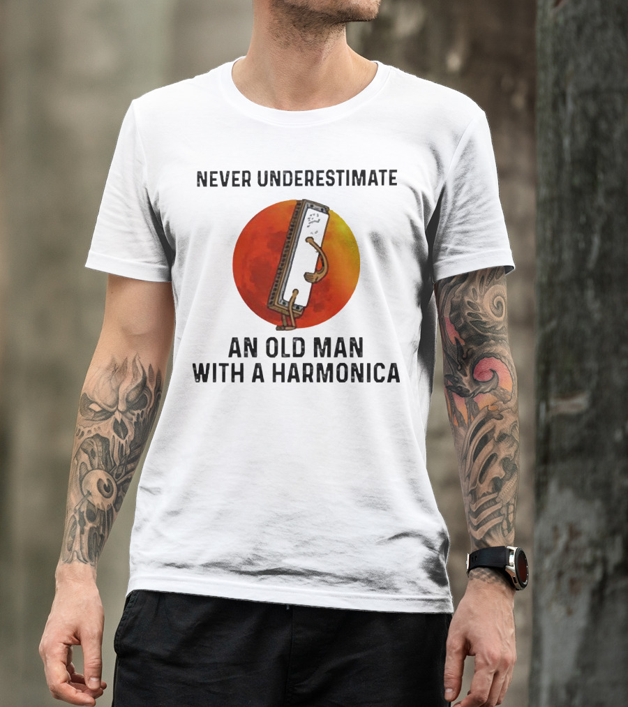 Never Underestimate An Old Man With A Harmonica Sunset Background T-Shirt