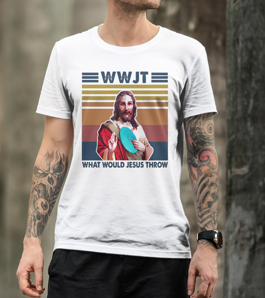 WWJT What Would Jesus Throw Disc Golf Frisbee Retro Stripes T-Shirt