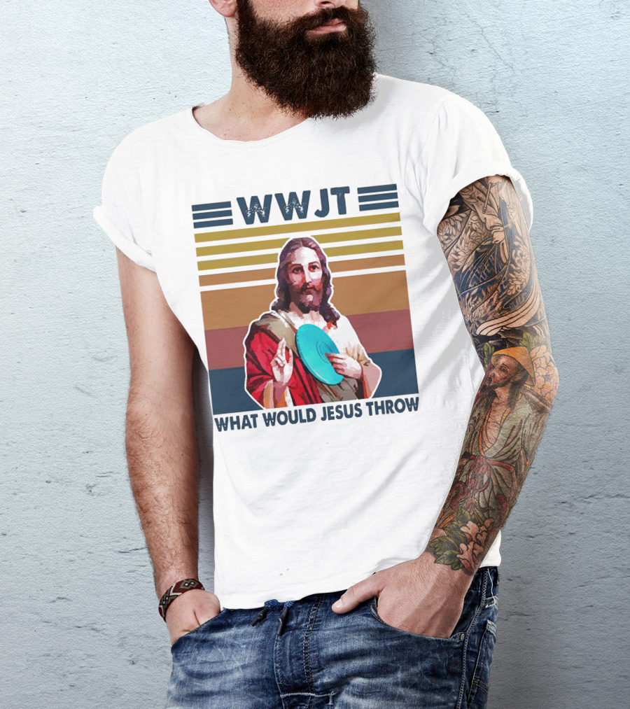 WWJT What Would Jesus Throw Disc Golf Frisbee Retro Stripes T-Shirt