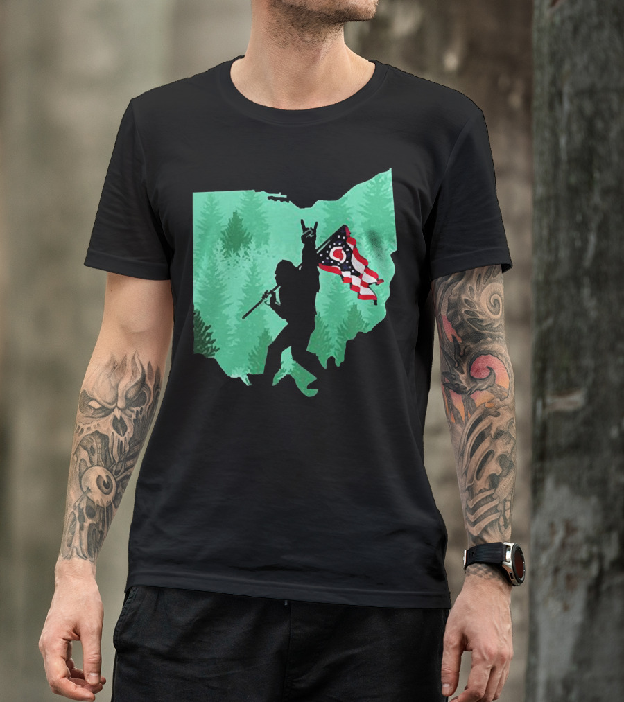 Bigfoot Rock And Roll Ohio State Silhouette With Flag Forest Background T-Shirt
