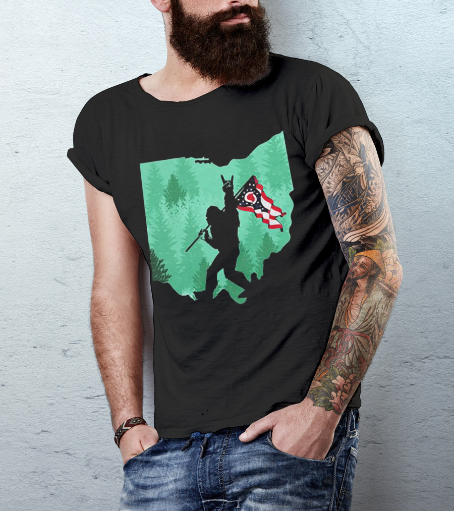 Bigfoot Rock And Roll Ohio State Silhouette With Flag Forest Background T-Shirt