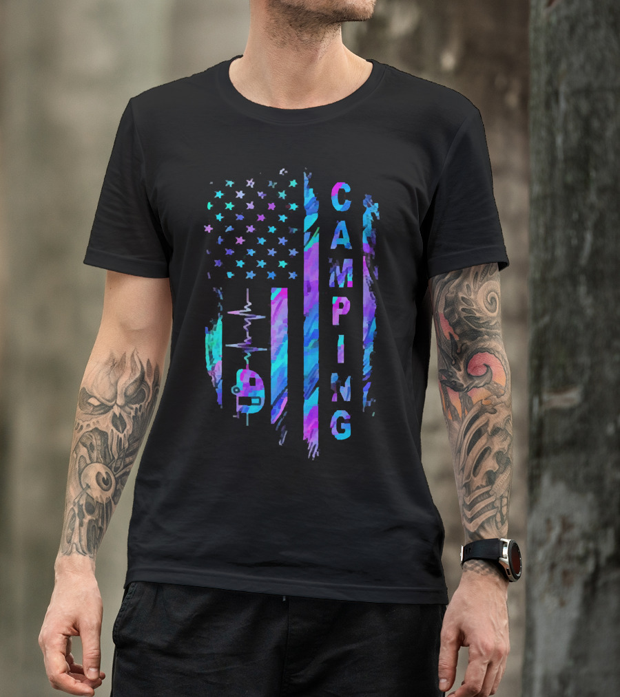 Camping American Flag Heartbeat Camper T-Shirt