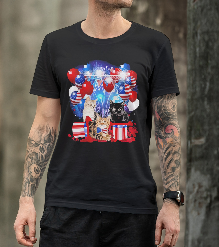 Cats Fireworks Balloons America Flag Happy Independence Day T-Shirt