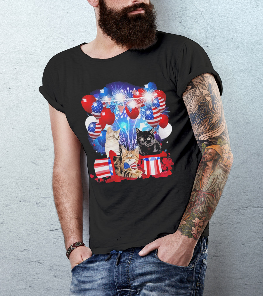 Cats Fireworks Balloons America Flag Happy Independence Day T-Shirt