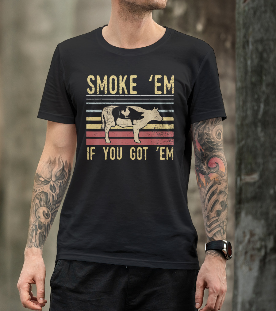 Retro BBQ Smoke 'Em If You Got 'Em Grilling Cow And Pig Silhouette Vintage Stripes T-Shirt