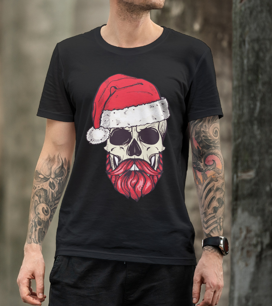 Vintage Bearded Skull Santa Claus With Red Hat And Mustache T-Shirt
