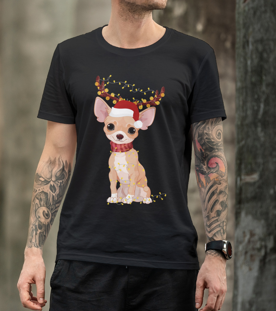 Chihuahua With Santa Hat Reindeer Antlers Christmas Lights Noel T-Shirt