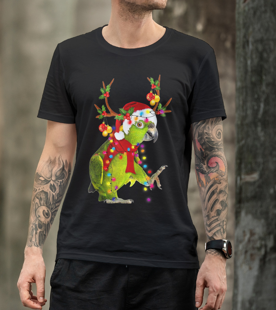 Cockatoo Parrot Reindeer Antlers Christmas Lights Santa Hat T-Shirt