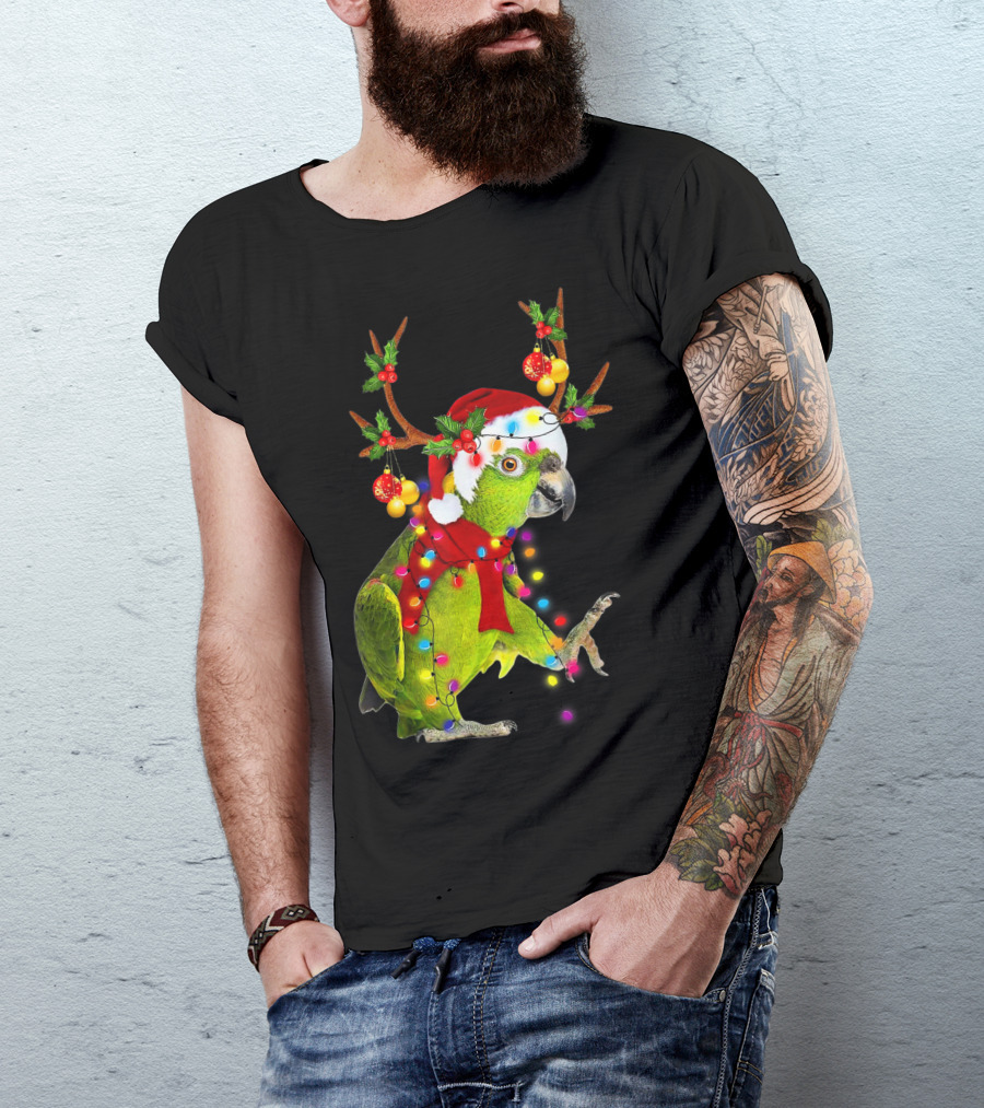Cockatoo Parrot Reindeer Antlers Christmas Lights Santa Hat T-Shirt