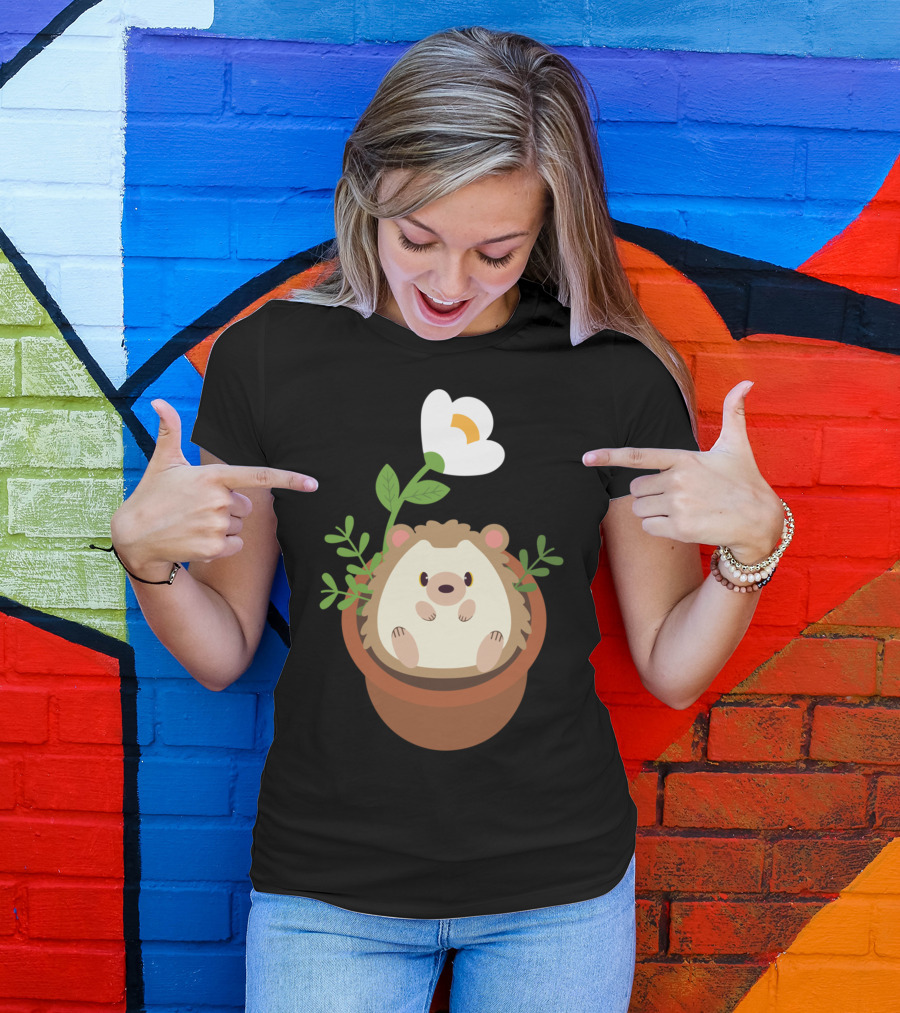 Cute Hedgehog Sitting In Flowering Plant Pot T-Shirt