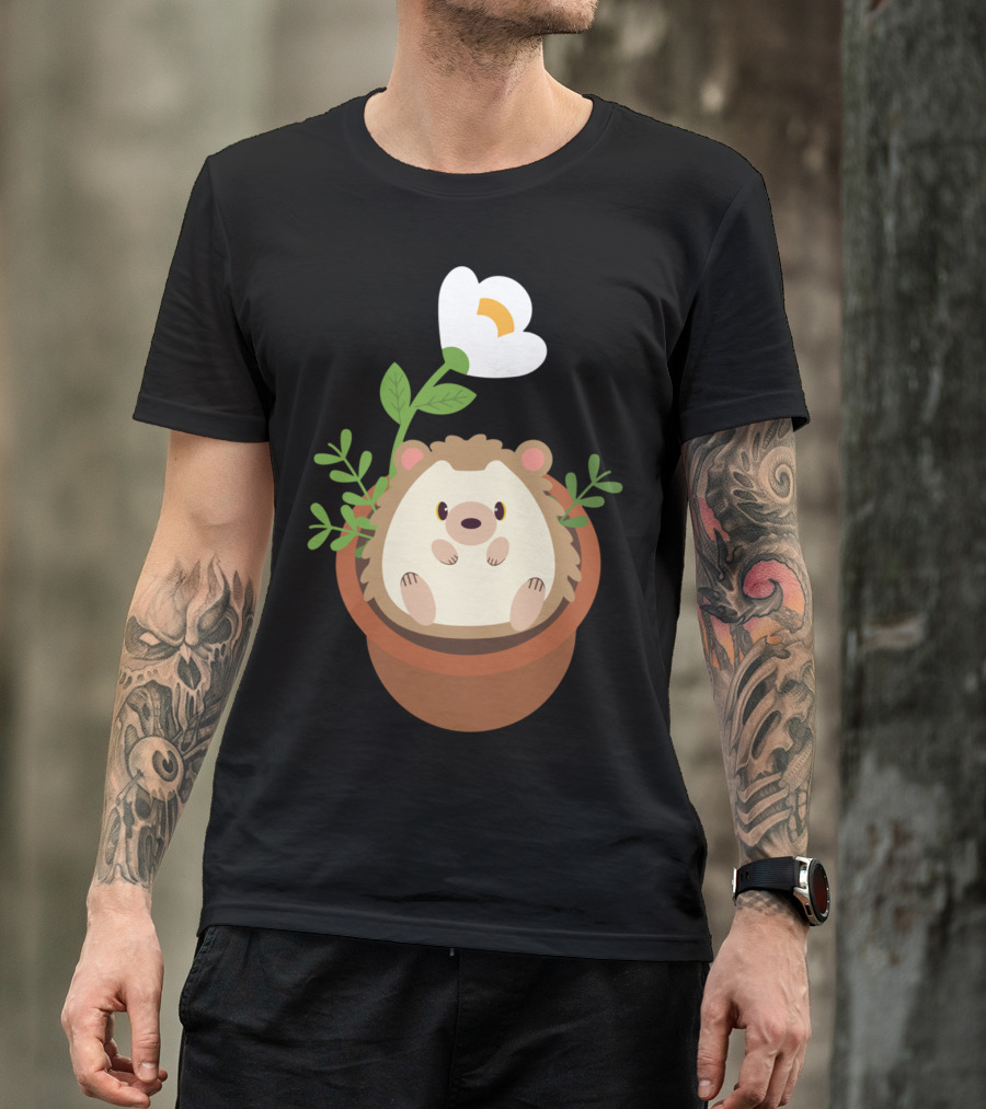 Cute Hedgehog Sitting In Flowering Plant Pot T-Shirt