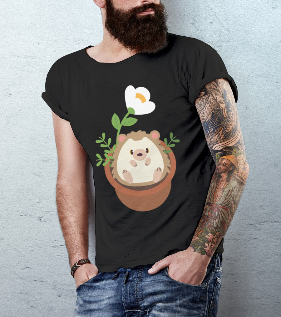 Cute Hedgehog Sitting In Flowering Plant Pot T-Shirt