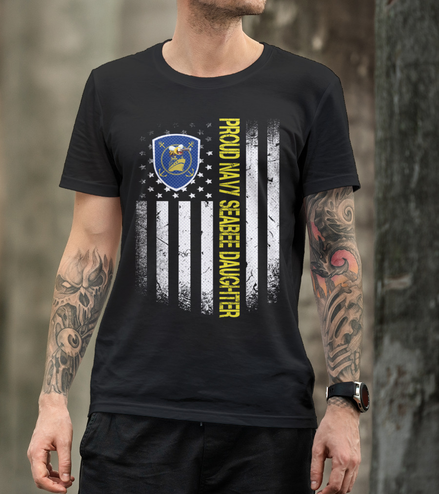 Proud Navy Seabee Daughter Black And White American Flag With Seabee Emblem T-Shirt