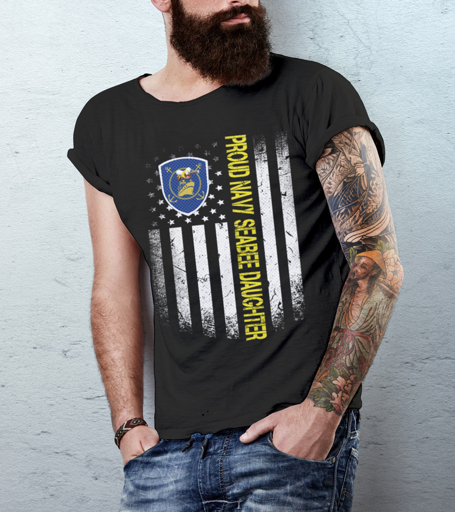 Proud Navy Seabee Daughter Black And White American Flag With Seabee Emblem T-Shirt