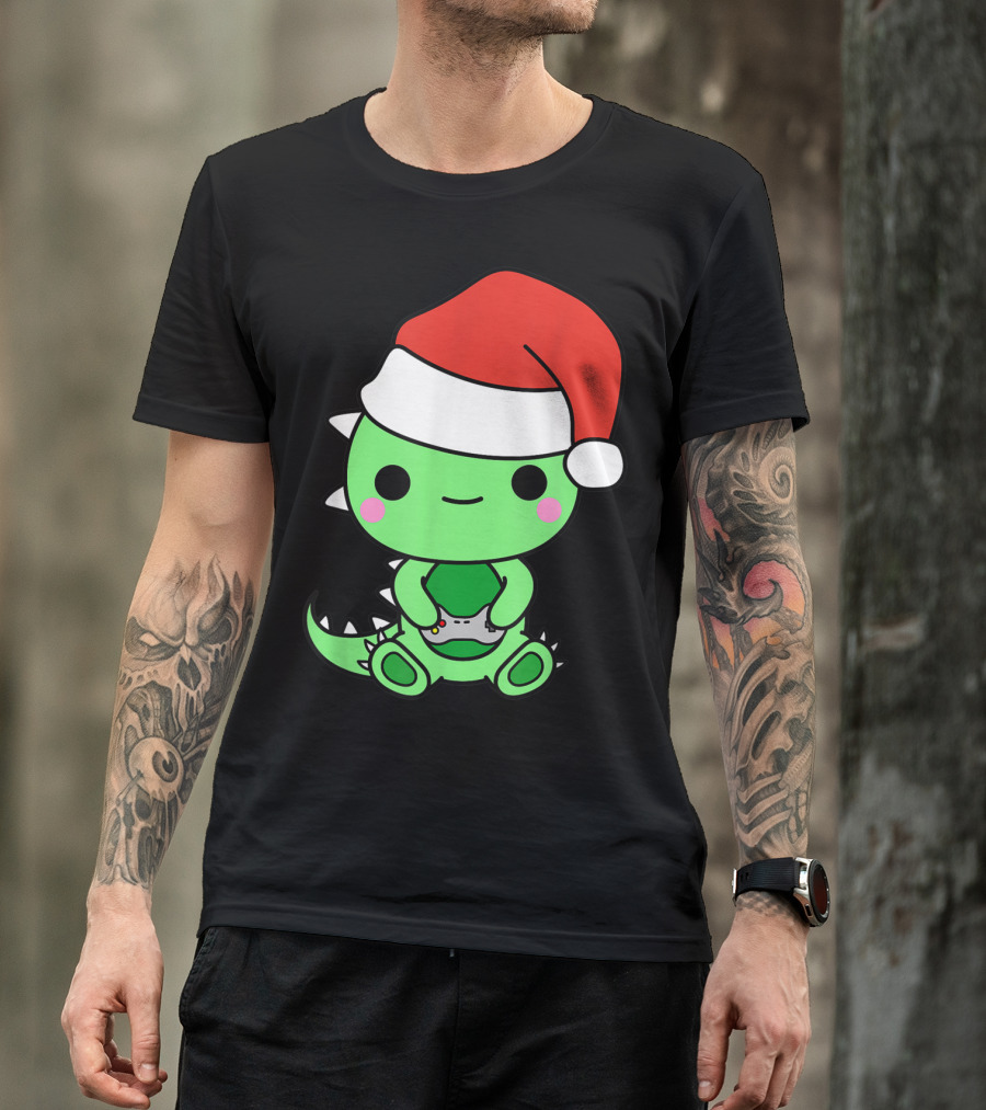 Christmas Gaming Dinosaur Santa Gamer Nerd T-Shirt