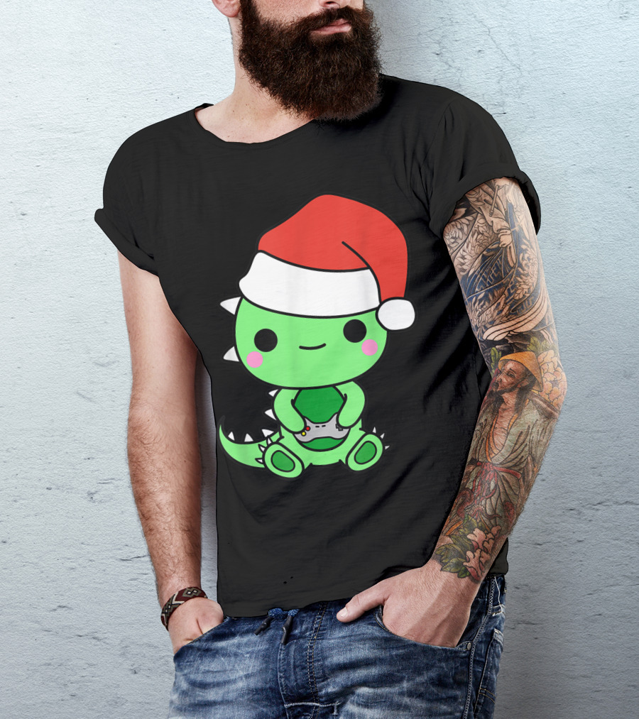 Christmas Gaming Dinosaur Santa Gamer Nerd T-Shirt