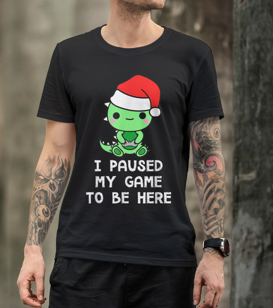I Paused My Game To Be Here Christmas Dinosaur Gamer Santa Hat T-Shirt