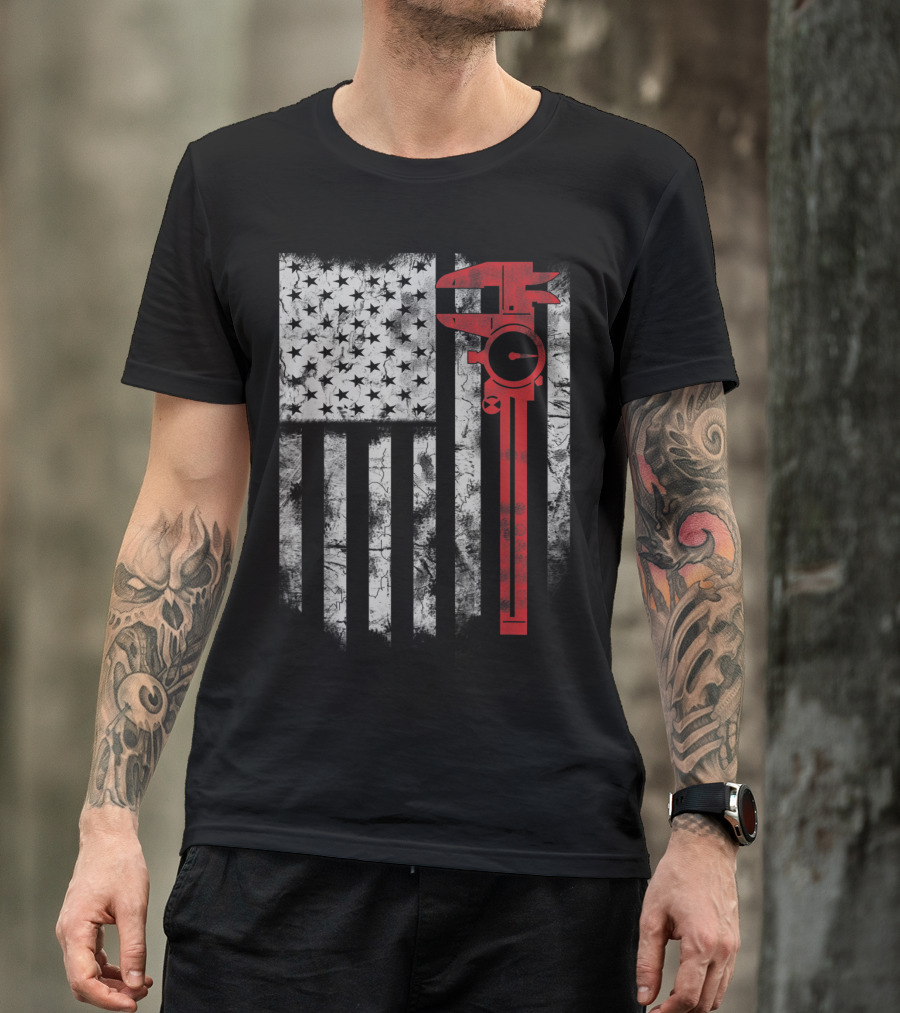 American Flag With Red Caliper For CNC Machinists T-Shirt