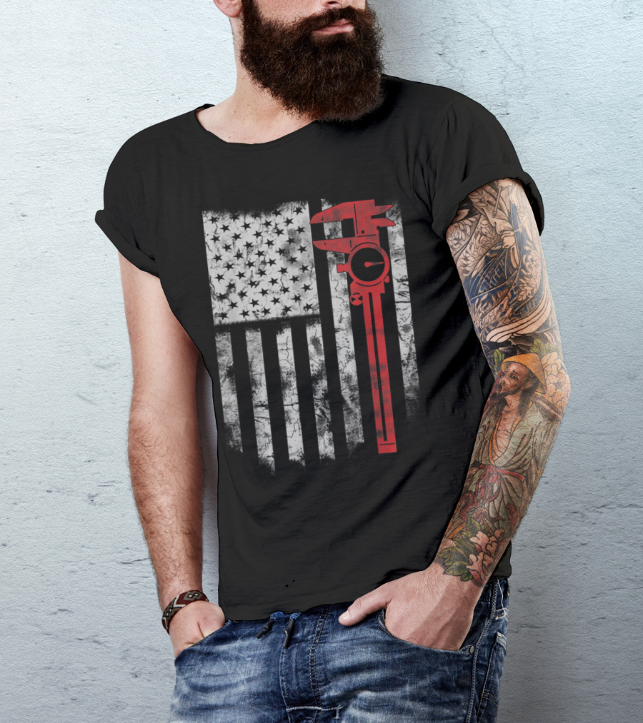 American Flag With Red Caliper For CNC Machinists T-Shirt