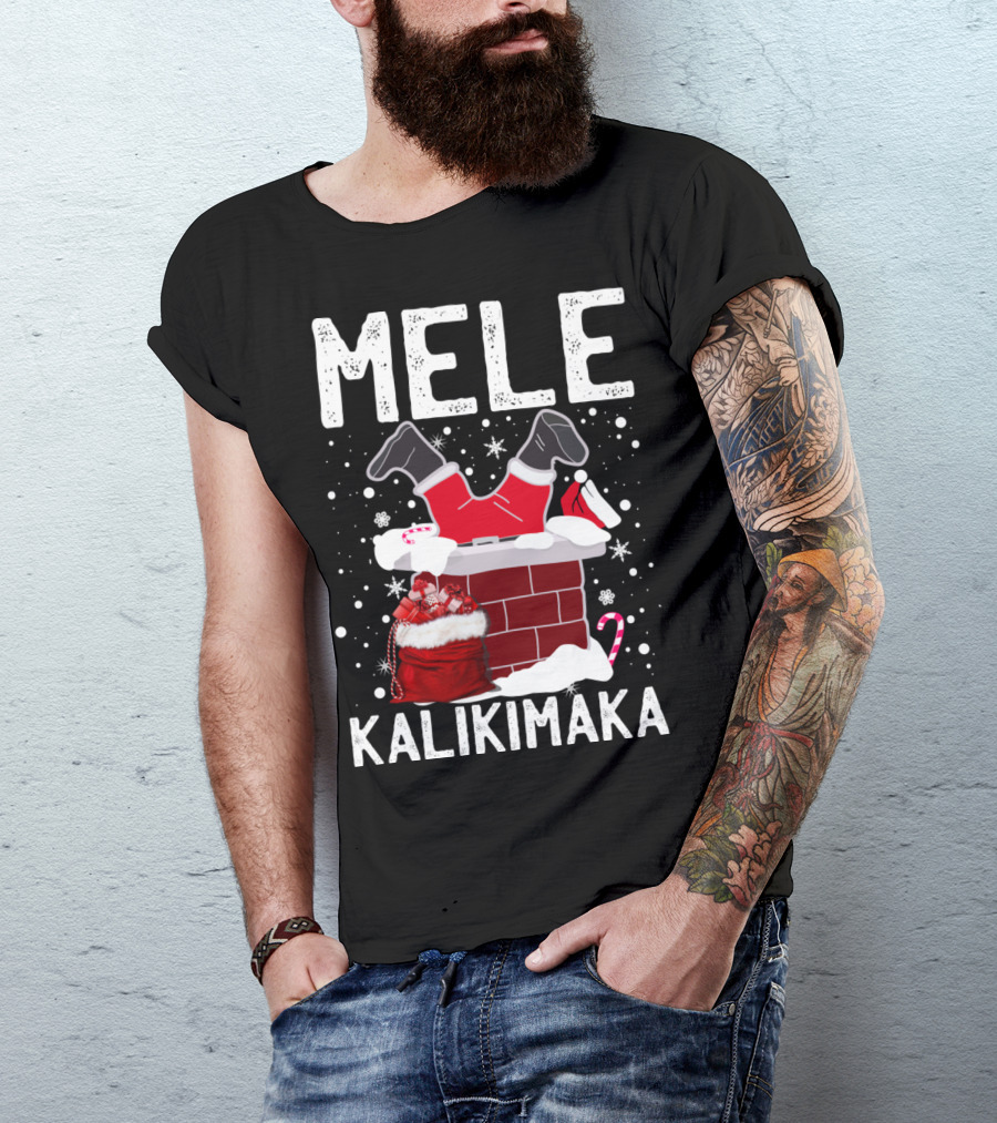 Mele Kalikimaka Santa In Chimney With Gifts Candy Cane Snowflakes Hawaiian Christmas T-Shirt