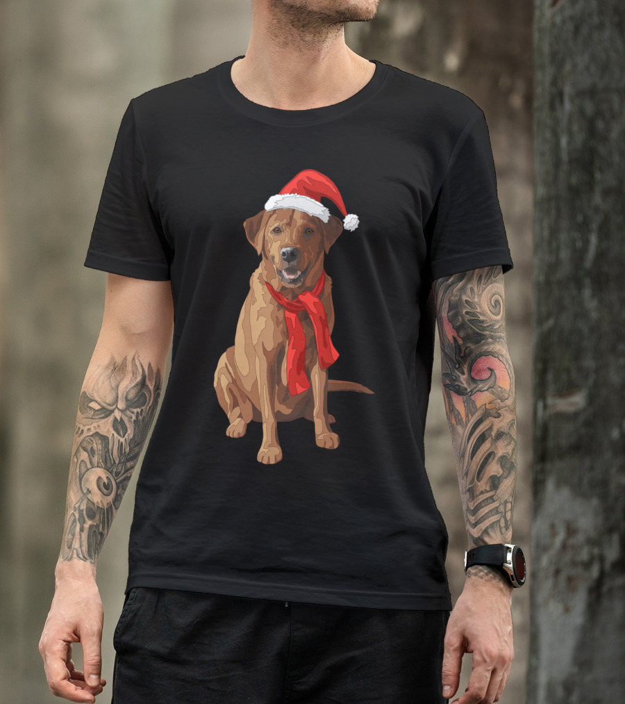 Red Labrador Retriever Dog With Christmas Santa Hat And Scarf T-Shirt