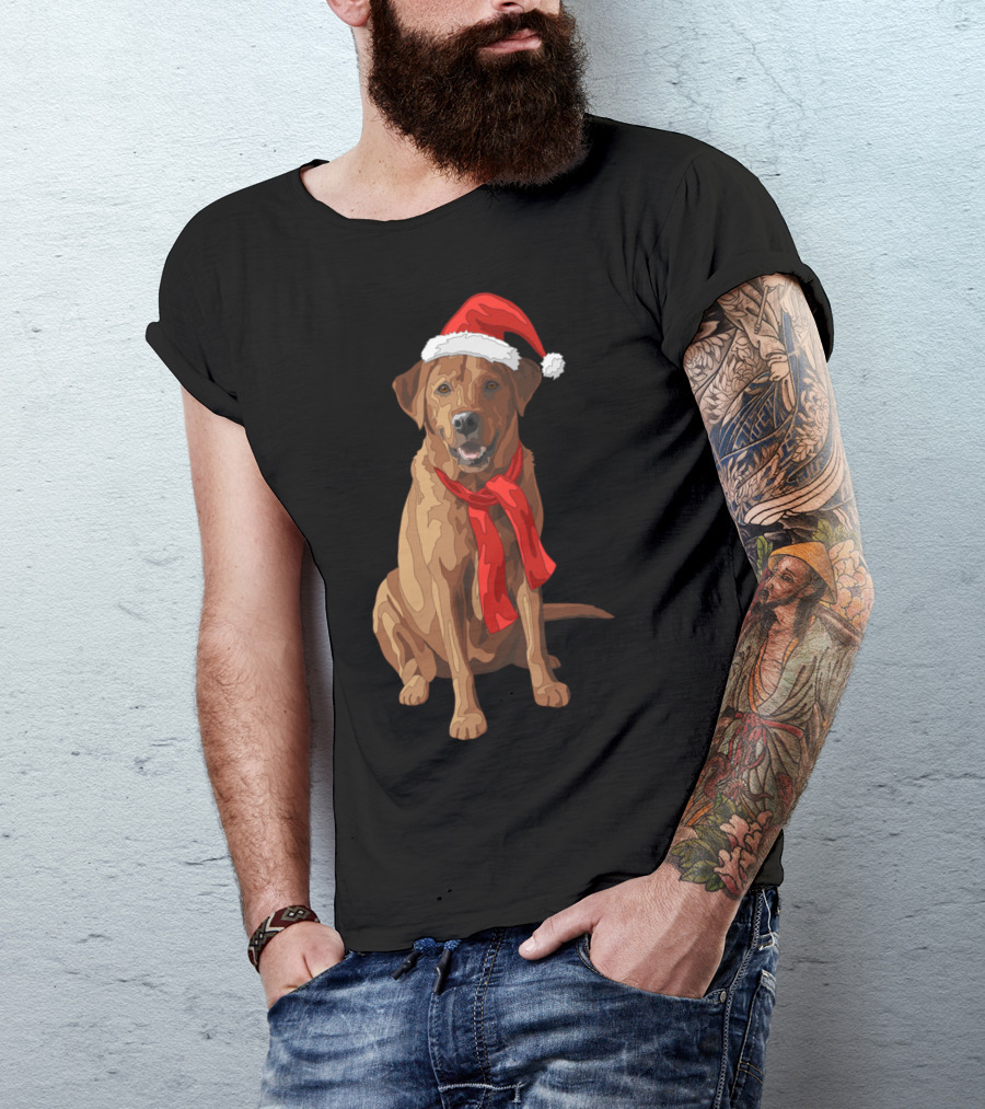 Red Labrador Retriever Dog With Christmas Santa Hat And Scarf T-Shirt