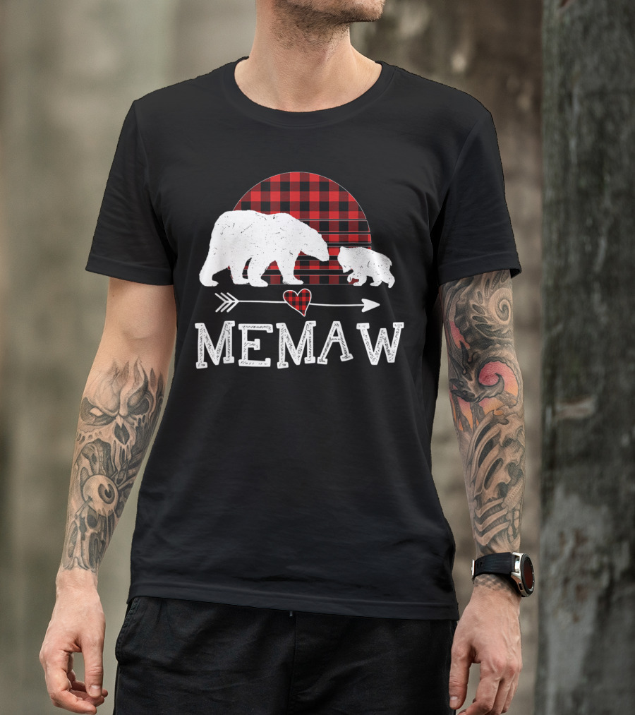 Memaw Bear With Red Plaid Buffalo Check And Heart Arrow T-Shirt