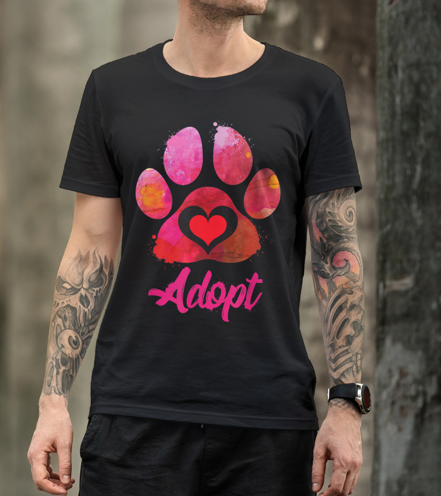 Adopt Love Heart Paw Print Watercolor Rescue Animal Lover T-Shirt
