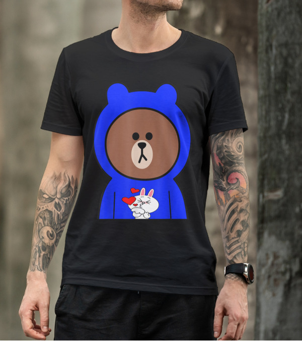 Brown Bear In Blue Hoodie With Cony Bunny Love Hearts T-Shirt
