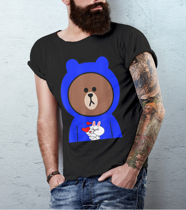Brown Bear In Blue Hoodie With Cony Bunny Love Hearts T-Shirt