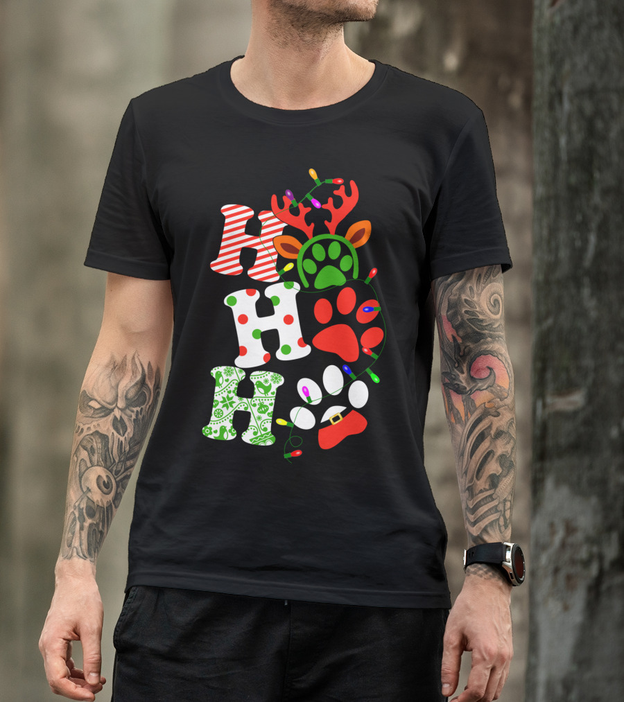 Ho Ho Ho Christmas Dog Paw Santa Lights Reindeer Antlers T-Shirt