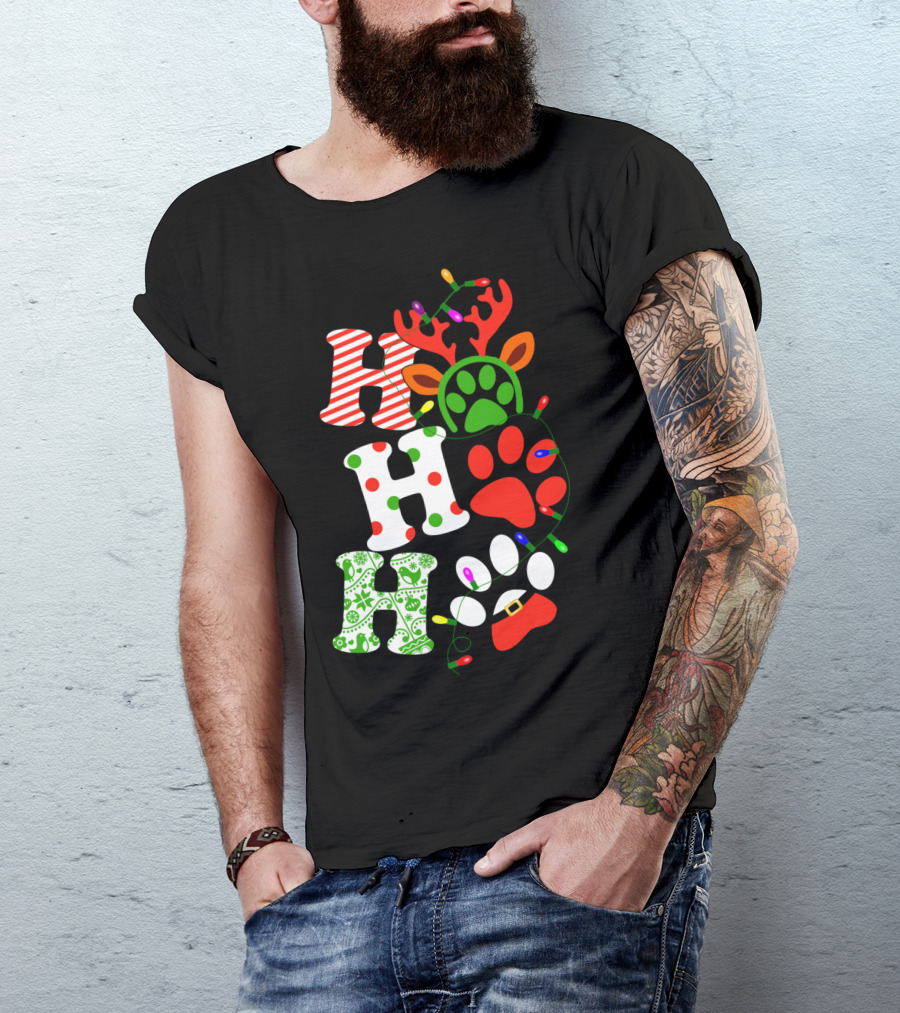 Ho Ho Ho Christmas Dog Paw Santa Lights Reindeer Antlers T-Shirt