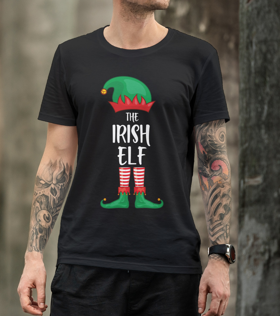 The Irish Elf Christmas Party Holiday Outfits With Green Hat And Striped Pants T-Shirt