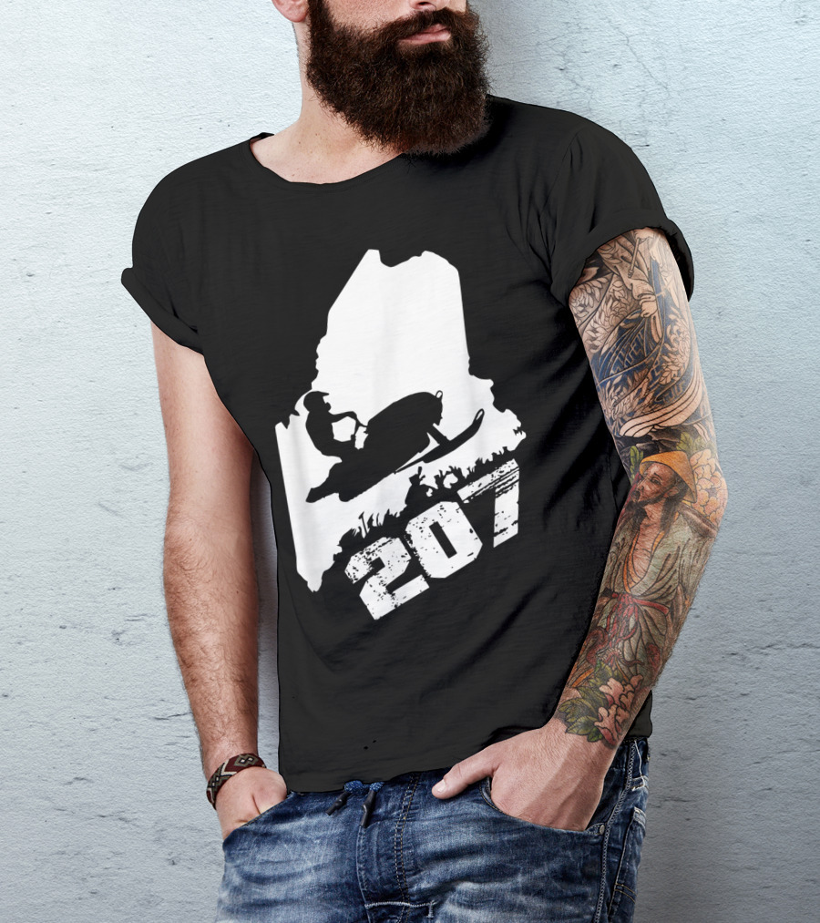 Maine 207 Snowmobile Silhouette In State Outline T-Shirt