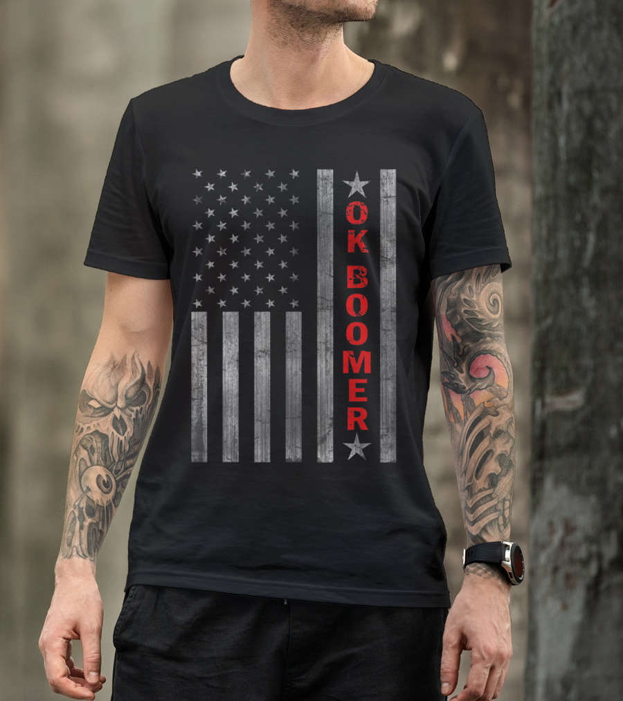 Ok Boomer Vertical Red Text On Distressed American Flag T-Shirt
