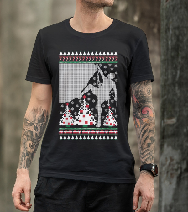 Rock Climbing Ugly Christmas Holiday Tree Pixel T-Shirt