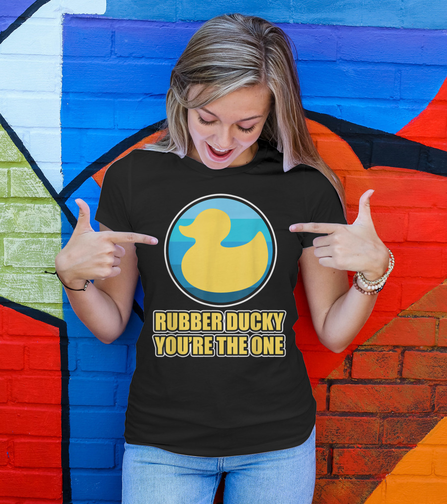 Rubber Ducky You're The One Iconic Yellow Toy Bath Duck Blue Circle Background T-Shirt