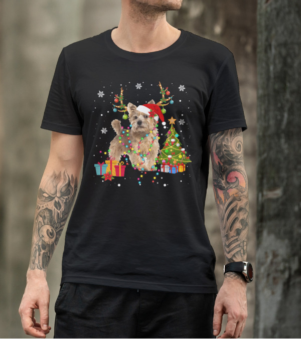 Norwich Terrier Christmas Lights Santa Hat Tree Presents Snowflakes T-Shirt